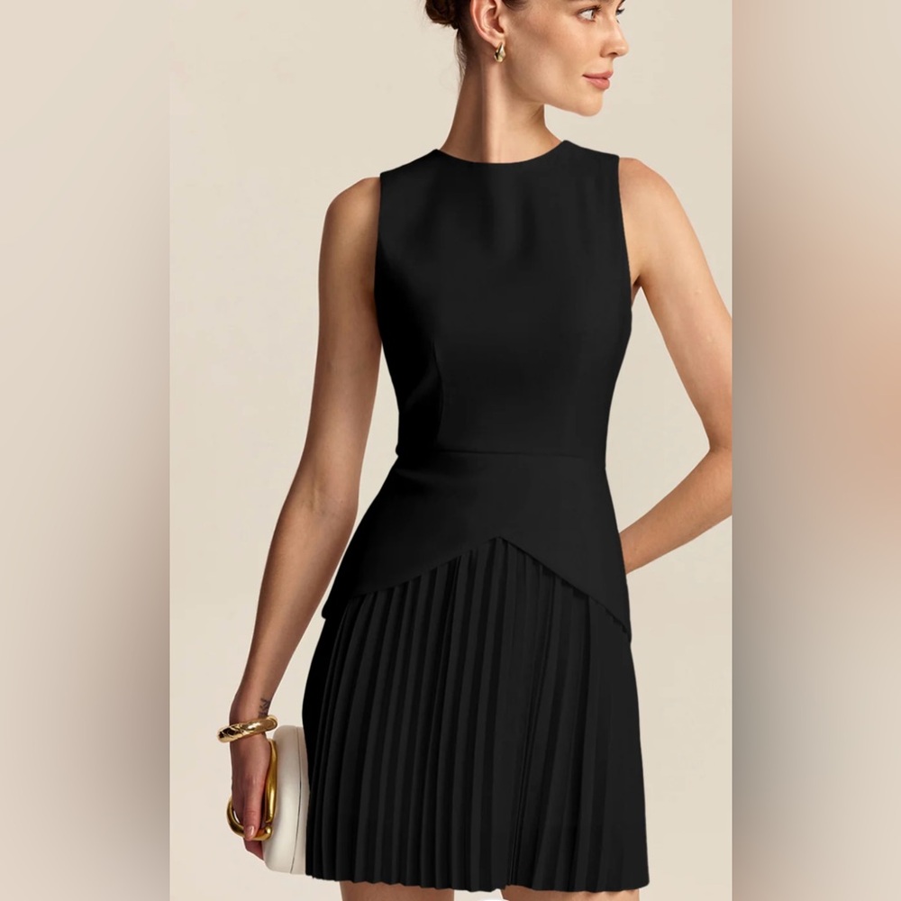 Elegant Black Sleeveless Dress | Pleated Hem Mini Dress